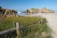 fence-post;Fence;Rock;Big-Sur;Blue;Pfeifer-Beach;Sandy;Grass;Rocks;Seascape;Tan;